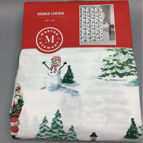 Martha Stewart Christmas Santa Claus Snowman Shower Curtain Sleigh Woods Holiday - Picture 2 of 8
